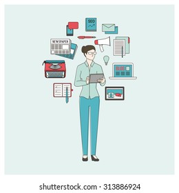 Professional copywriter, blogger and journalist, thin line objects and icons in a circular shape