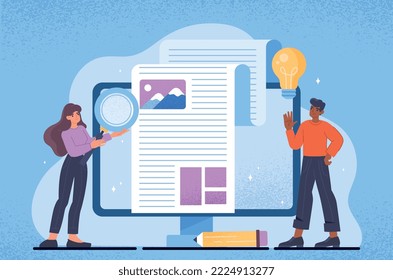 Professional copywriter concept. Woman writes texts and creates interesting content for website and social media. Talented author, freelancer makes money on Internet. Cartoon flat vector illustration