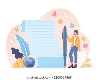 Professional copywriter concept. Young girl with pen and feather next to clean sheet of paper. Creative personality, trading and art. Talented author writes article. Cartoon flat vector illustration