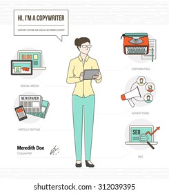 Professional copywriter infographic skills resume with icons and tools