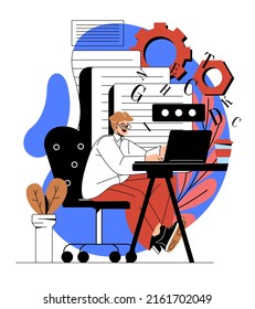 Professional copywriter typing. Man writes article and creates unique content for websites. Remote employee and freelancer, modern technologies, earnings on Internet. Cartoon flat vector illustration