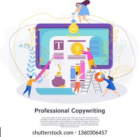 Professional Copywriting Concept. Creating selling texts to promote a brand, product or service. Tiny people create a text document. Flat vector illustration for website, print and presentation.