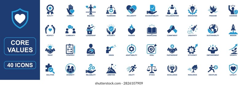 Professional core values solid icon set featuring integrity, teamwork, leadership, vision, mission, trust, ethics, accountability, collaboration, innovation, sustainability, growth, loyalty, resilience, and company culture. Perfect for corporate branding, HR, presentations, websites, apps, and business documents.