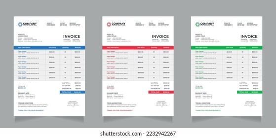 professional corporate business invoice template design with blue, red , and green color.