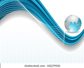 Professional Corporate or Business template for financial presentations showing globe in blue and silver metallic color on blue wave background. EPS 10. Vector illustration.