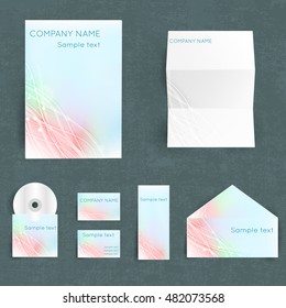 Professional corporate identiry set with your company name in pastel colors with lines and lights pattern isolated flat vector illustration