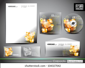 Professional corporate identity kit or business kit with artistic, abstract 3D glowing element for your business includes CD Cover, Business Card, Envelope and Letter Head Designs in EPS 10 format.