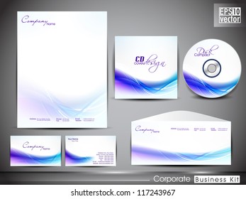 Professional corporate identity kit or business kit with wave pattern for your business includes CD Cover, Business Card, Envelope and Letter Head Designs. EPS 10.