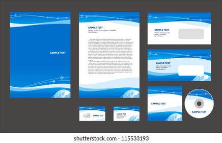 Professional corporate identity layout design template airplane takeoff flight tickets air fly cloud sky blue white color travel background business style