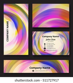 Professional corporate identity set of business card, banner and invitation card with decorative vortex design of violet, yellow, blue, green, white and orange shades