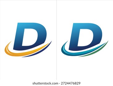 Ein professionelles Firmenlogo mit einem kräftigen blauen Farbverlauf, der durch einen dynamischen Bewegungs-Swoosh akzentuiert wird und in zwei Farbschemata erhältlich ist (orange oder marineblau und blau oder grün).