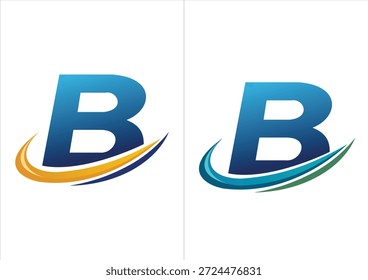 Ein professionelles Firmenlogo mit einem kräftigen blauen Farbverlauf, der durch einen dynamischen Bewegungs-Swoosh akzentuiert wird und in zwei Farbschemata erhältlich ist (orange oder marineblau und blau oder grün).