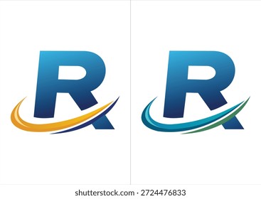 Ein professionelles Firmenlogo mit einem kräftigen blauen Farbverlauf, der durch einen dynamischen Bewegungs-Swoosh akzentuiert wird und in zwei Farbschemata erhältlich ist (orange oder marineblau und blau oder grün).