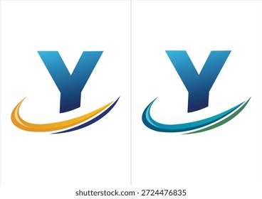 Ein professionelles Firmenlogo mit einem kräftigen blauen Farbverlauf, der durch einen dynamischen Bewegungs-Swoosh akzentuiert wird und in zwei Farbschemata erhältlich ist (orange oder marineblau und blau oder grün).