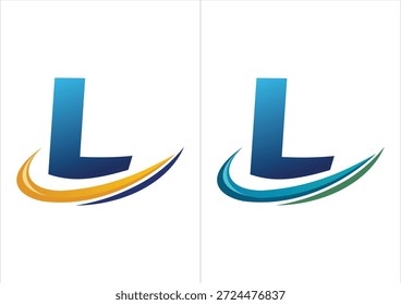 Ein professionelles Firmenlogo mit einem kräftigen blauen Farbverlauf, der durch einen dynamischen Bewegungs-Swoosh akzentuiert wird und in zwei Farbschemata erhältlich ist (orange oder marineblau und blau oder grün).