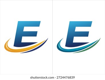 Ein professionelles Firmenlogo mit einem kräftigen blauen Farbverlauf, der durch einen dynamischen Bewegungs-Swoosh akzentuiert wird und in zwei Farbschemata erhältlich ist (orange oder marineblau und blau oder grün).