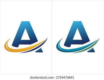 Ein professionelles Firmenlogo mit einem kräftigen blauen Farbverlauf, der durch einen dynamischen Bewegungs-Swoosh akzentuiert wird und in zwei Farbschemata erhältlich ist (orange oder marineblau und blau oder grün).