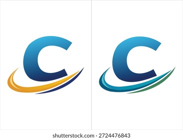 Ein professionelles Firmenlogo mit einem kräftigen blauen Farbverlauf, der durch einen dynamischen Bewegungs-Swoosh akzentuiert wird und in zwei Farbschemata erhältlich ist (orange oder marineblau und blau oder grün).