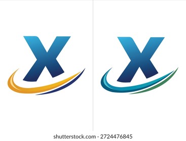 Ein professionelles Firmenlogo mit einem kräftigen blauen Farbverlauf, der durch einen dynamischen Bewegungs-Swoosh akzentuiert wird und in zwei Farbschemata erhältlich ist (orange oder marineblau und blau oder grün).