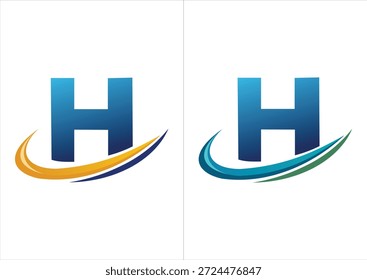 Ein professionelles Firmenlogo mit einem kräftigen blauen Farbverlauf, der durch einen dynamischen Bewegungs-Swoosh akzentuiert wird und in zwei Farbschemata erhältlich ist (orange oder marineblau und blau oder grün).