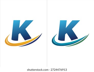 Ein professionelles Firmenlogo mit einem kräftigen blauen Farbverlauf, der durch einen dynamischen Bewegungs-Swoosh akzentuiert wird und in zwei Farbschemata erhältlich ist (orange oder marineblau und blau oder grün).
