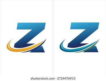 Ein professionelles Firmenlogo mit einem kräftigen blauen Farbverlauf, der durch einen dynamischen Bewegungs-Swoosh akzentuiert wird und in zwei Farbschemata erhältlich ist (orange oder marineblau und blau oder grün).