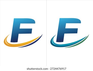 Ein professionelles Firmenlogo mit einem kräftigen blauen Farbverlauf, der durch einen dynamischen Bewegungs-Swoosh akzentuiert wird und in zwei Farbschemata erhältlich ist (orange oder marineblau und blau oder grün).