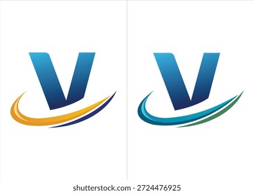 Ein professionelles Firmenlogo mit einem kräftigen blauen Farbverlauf, der durch einen dynamischen Bewegungs-Swoosh akzentuiert wird und in zwei Farbschemata erhältlich ist (orange oder marineblau und blau oder grün).