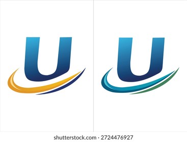 Ein professionelles Firmenlogo mit einem kräftigen blauen Farbverlauf, der durch einen dynamischen Bewegungs-Swoosh akzentuiert wird und in zwei Farbschemata erhältlich ist (orange oder marineblau und blau oder grün).