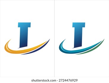 Ein professionelles Firmenlogo mit einem kräftigen blauen Farbverlauf, der durch einen dynamischen Bewegungs-Swoosh akzentuiert wird und in zwei Farbschemata erhältlich ist (orange oder marineblau und blau oder grün).