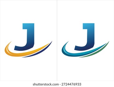 Ein professionelles Firmenlogo mit einem kräftigen blauen Farbverlauf, der durch einen dynamischen Bewegungs-Swoosh akzentuiert wird und in zwei Farbschemata erhältlich ist (orange oder marineblau und blau oder grün).