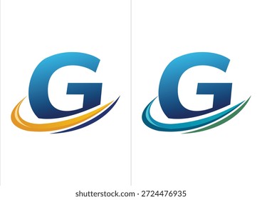 Ein professionelles Firmenlogo mit einem kräftigen blauen Farbverlauf, der durch einen dynamischen Bewegungs-Swoosh akzentuiert wird und in zwei Farbschemata erhältlich ist (orange oder marineblau und blau oder grün).