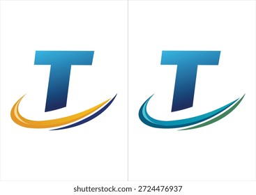 Ein professionelles Firmenlogo mit einem kräftigen blauen Farbverlauf, der durch einen dynamischen Bewegungs-Swoosh akzentuiert wird und in zwei Farbschemata erhältlich ist (orange oder marineblau und blau oder grün).
