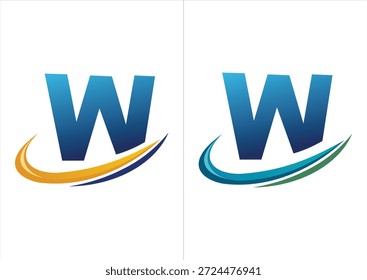 Ein professionelles Firmenlogo mit einem kräftigen blauen Farbverlauf, der durch einen dynamischen Bewegungs-Swoosh akzentuiert wird und in zwei Farbschemata erhältlich ist (orange oder marineblau und blau oder grün).