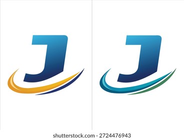 Ein professionelles Firmenlogo mit einem kräftigen blauen Farbverlauf, der durch einen dynamischen Bewegungs-Swoosh akzentuiert wird und in zwei Farbschemata erhältlich ist (orange oder marineblau und blau oder grün).