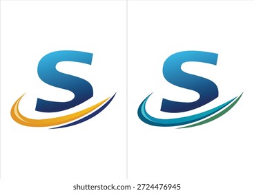 Ein professionelles Firmenlogo mit einem kräftigen blauen Farbverlauf, der durch einen dynamischen Bewegungs-Swoosh akzentuiert wird und in zwei Farbschemata erhältlich ist (orange oder marineblau und blau oder grün).