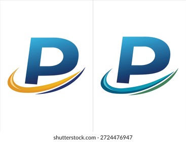 Ein professionelles Firmenlogo mit einem kräftigen blauen Farbverlauf, der durch einen dynamischen Bewegungs-Swoosh akzentuiert wird und in zwei Farbschemata erhältlich ist (orange oder marineblau und blau oder grün).