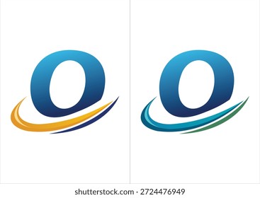 Ein professionelles Firmenlogo mit einem kräftigen blauen Farbverlauf, der durch einen dynamischen Bewegungs-Swoosh akzentuiert wird und in zwei Farbschemata erhältlich ist (orange oder marineblau und blau oder grün).