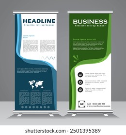 Professional and Corporate Roll Up Banner design with blue and green colours, Standee Template for Multipurpose Use like event, exhibition, welcome, presentation, company and business purpose. vector