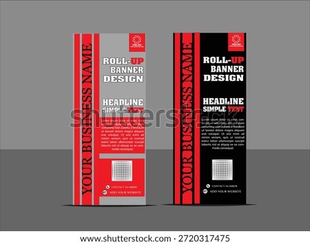 Professional corporate roll-up banner template set featuring a sleek, high-contrast design in red, black, and grey color schemes. The layout includes bold vertical stripes, a modern geometric logo placeholder, and structured sections for a "Headline Simple Text" and detailed body copy. Each design is equipped with dedicated icons for contact numbers, website URLs, and a QR code placeholder, making it ideal for business exhibitions, trade shows, and promotional events.