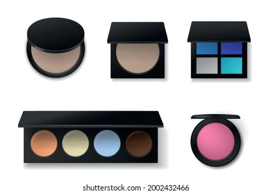 Professional cosmetics. Realistic eyeshadow or concealer palettes. Face powder and blush. Makeup products collection. Containers with decorative paints. Vector beauty accessory set