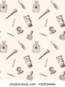 Professional cosmetics for spa treatments drawn handle by hand. Vector illustration for your design. Fashion background. Vintage pattern. Make up doodle texture for textile.