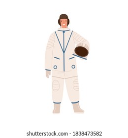 Professional cosmonaut in uniform. Young smiling astronaut in spacesuit holding helmet. Male spaceman character. Flat vector cartoon illustration isolated on white background