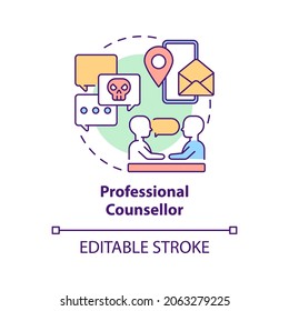 Professional counsellor concept icon. Report cyberbullying idea thin line illustration. Conflict resolution. Ethics, peer respect promotion. Vector isolated outline RGB color drawing. Editable stroke