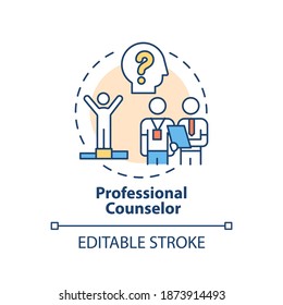 Professional counselor concept icon. Medical speciality idea thin line illustration. Licensed professional help. Mental health, wellness. Vector isolated outline RGB color drawing. Editable stroke