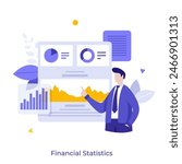 Professional counselor presenting diagram of commercial activity. Financial statistics concept flat vector illustration. Businessman explaining stock market cartoon character color composition