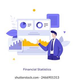 Professional counselor presenting diagram of commercial activity. Financial statistics concept flat vector illustration. Businessman explaining stock market cartoon character color composition