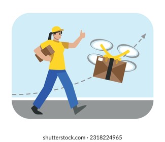 Professional courier delivering parcel, using drone. Express safe courier services concept. Doorstep delivery to home or office. Fast shipping in city. Vector flat illustration