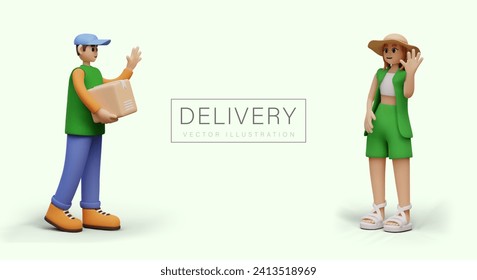 Professional courier in uniform holding cartoon parcels and delivering to happy clients. Young lady waiting for parcel. Vector illustration in 3d style with place for text