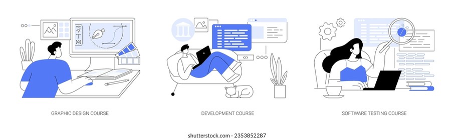 Cursos profesionales de TI aislados ilustraciones vectoriales de dibujos animados conjunto. Diseño gráfico, desarrollo y pruebas de software programas de grado en línea, aprendizaje a distancia, cartografía de vectores de educación virtual.